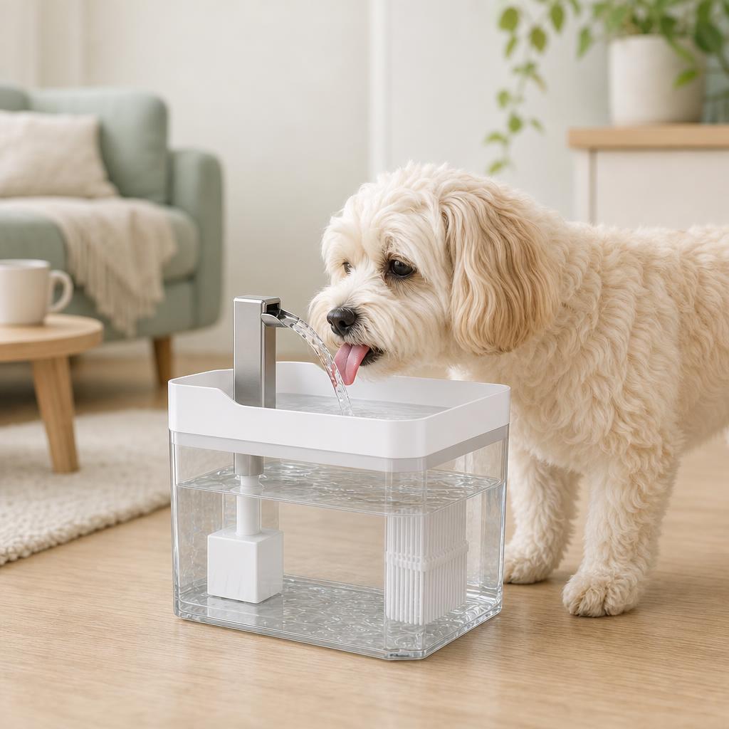 Perro bebiendo agua limpia de la fuente